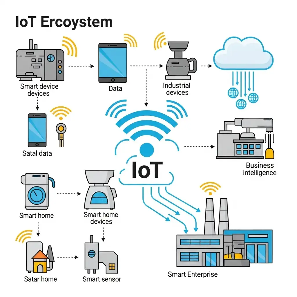 Thiết bị IoT chuyển đổi số: Giải pháp thông minh cho doanh nghiệp hiện đại 2 Hinh anh Infographic tong quan ve he sinh thai IoT voi cac thiet bi ket noi bieu tuong wifi cloud computing va doanh nghiep thong minh