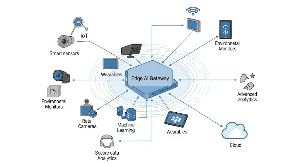 Thiết Bị AI & Big Data: Nền Tảng Công Nghệ Thông Minh Cho Doanh Nghiệp Hiện Đại 4 So do hoat dong cua Edge AI Gateway trong IoT ecosystem
