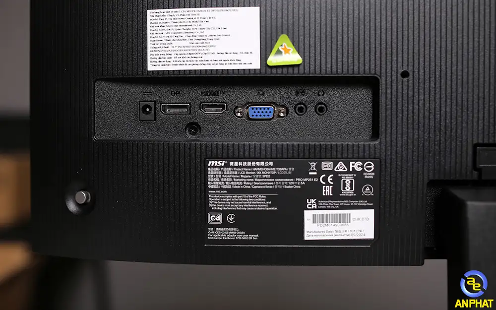 Màn Hình MSI PRO MP251 E2 (24.5 inch - FHD - IPS - 120Hz - 1ms - Speaker - EyesErgo) 30 Cổng cắm kết nối tiện nghi, phụ kiện đầy đủ