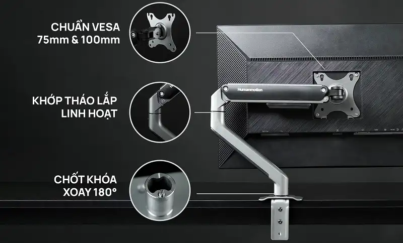 Giá Đỡ 2 Màn Hình Human Motion T6 Pro DUAL (17- 32 inch) Màu Đen Xám 5 T6 Pro - Dual sở hữu 3 trực xoay linh hoạt